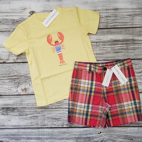 Janie and Jack Lobster Print T-Shirt and Plaid Shorts Outfit NWT - Picture 10 of 10